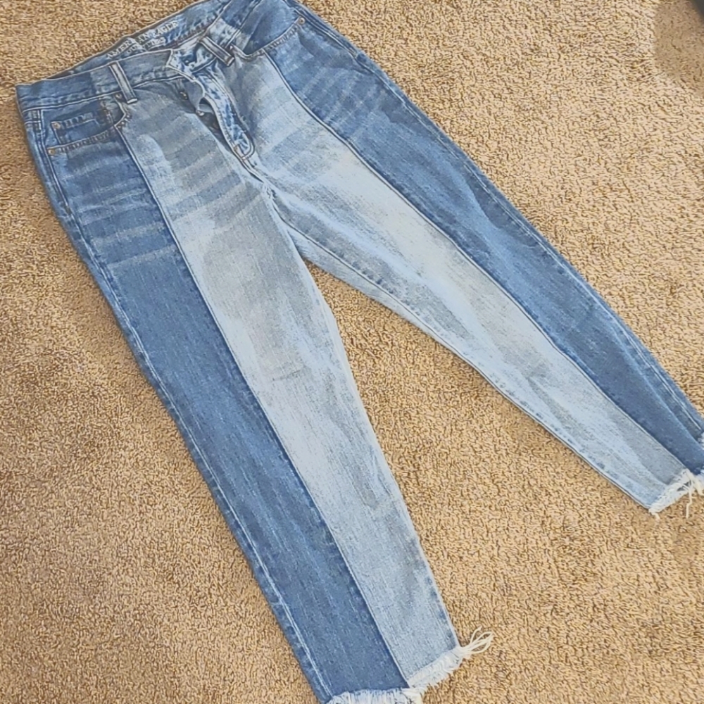 American Eagle Outfitters Straight Colorblock Cropped Distressed Jeans - Picture 1 of 4